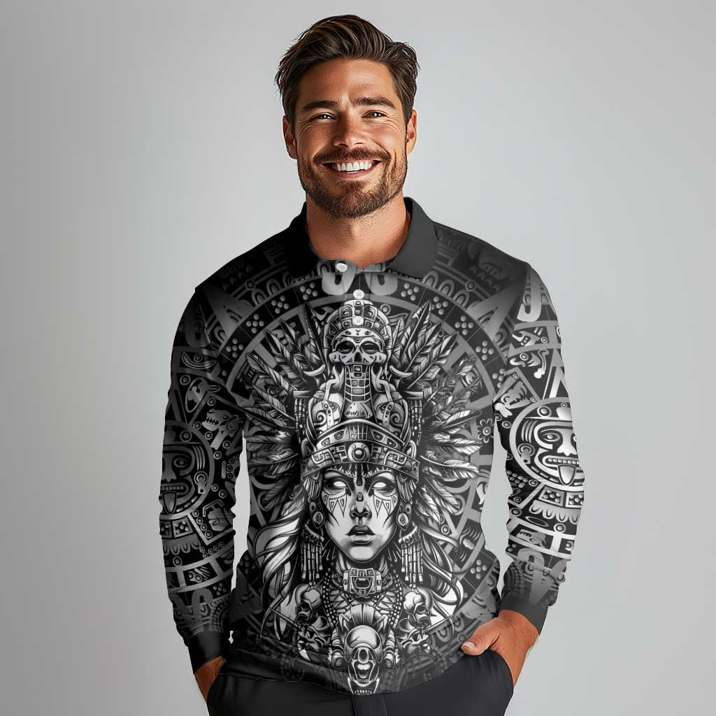 Mexico Aztec Warrior Goddess Long Sleeve Polo Shirt Aztec Skull Tribal Calender Silver Spirit - Wonder Print Shop