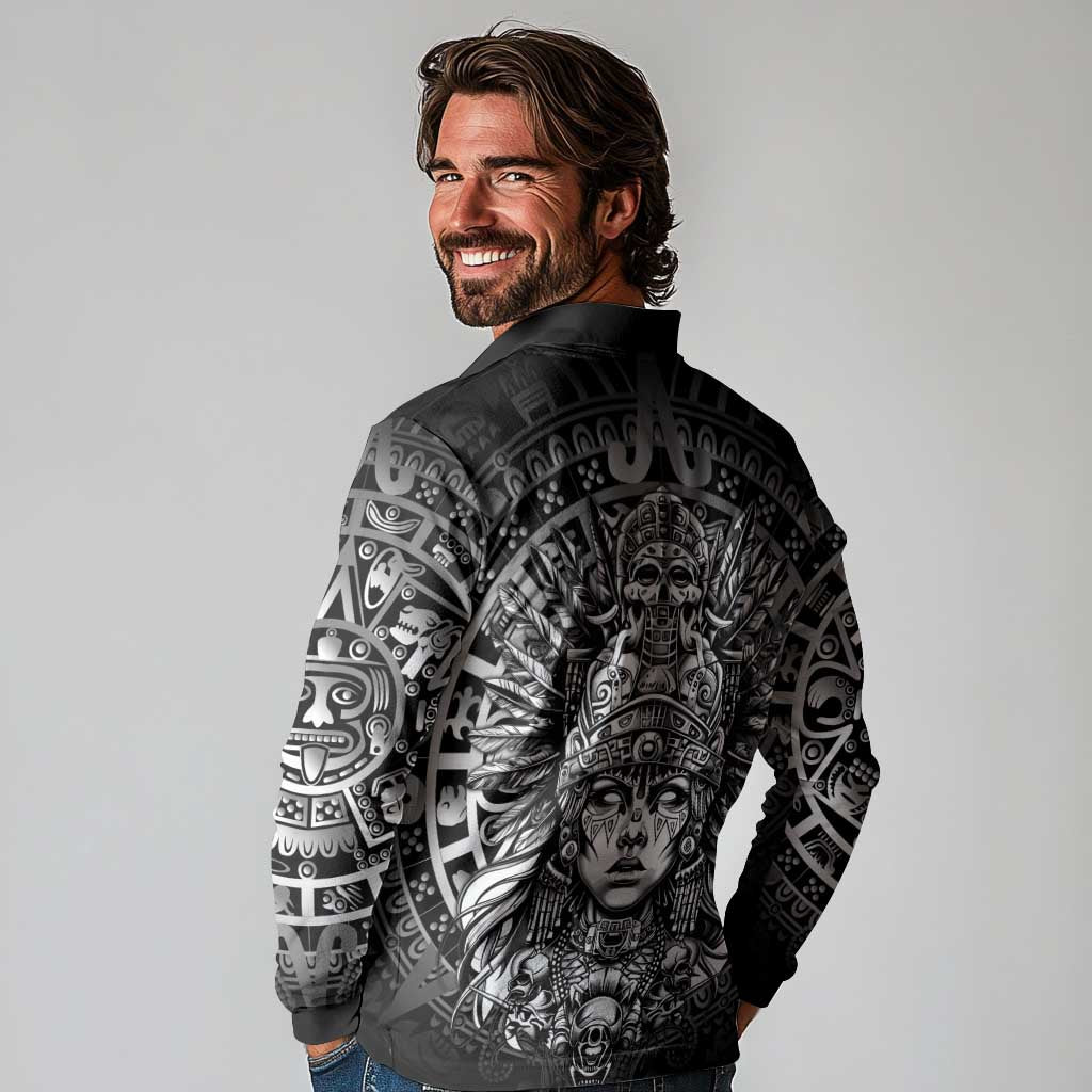 Mexico Aztec Warrior Goddess Long Sleeve Polo Shirt Aztec Skull Tribal Calender Silver Spirit - Wonder Print Shop