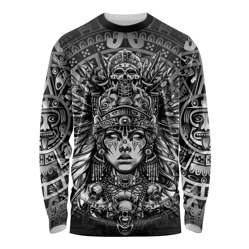 Mexico Aztec Warrior Goddess Long Sleeve Shirt Aztec Skull Tribal Calender Silver Spirit - Wonder Print Shop