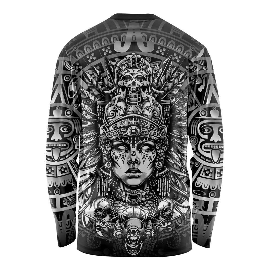 Mexico Aztec Warrior Goddess Long Sleeve Shirt Aztec Skull Tribal Calender Silver Spirit - Wonder Print Shop