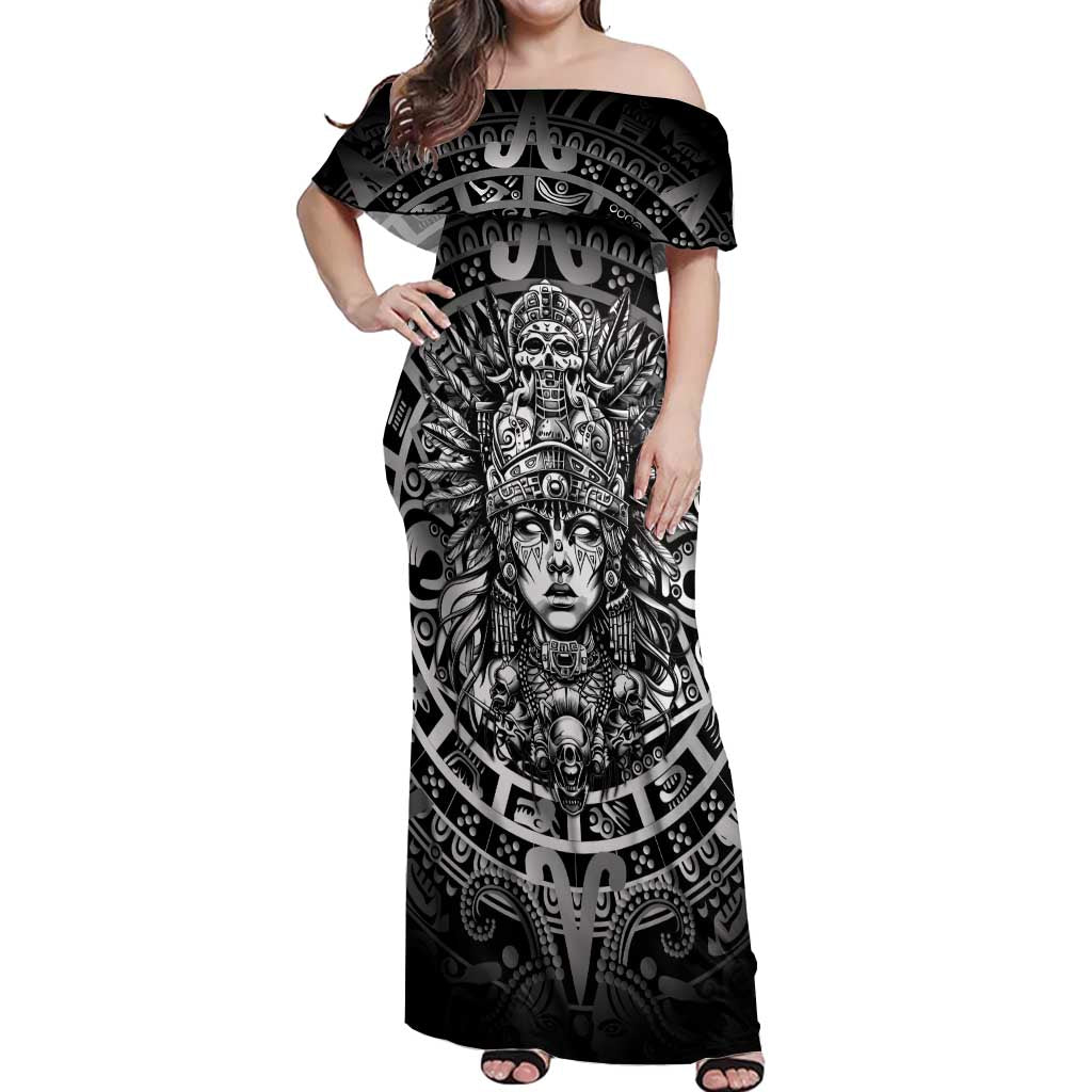 Mexico Aztec Warrior Goddess Off Shoulder Maxi Dress Aztec Skull Tribal Calender Silver Spirit - Wonder Print Shop