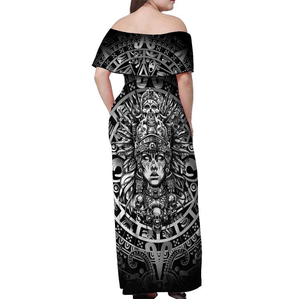Mexico Aztec Warrior Goddess Off Shoulder Maxi Dress Aztec Skull Tribal Calender Silver Spirit - Wonder Print Shop