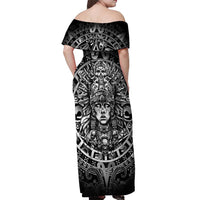 Mexico Aztec Warrior Goddess Off Shoulder Maxi Dress Aztec Skull Tribal Calender Silver Spirit - Wonder Print Shop
