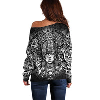 Mexico Aztec Warrior Goddess Off Shoulder Sweater Aztec Skull Tribal Calender Silver Spirit - Wonder Print Shop