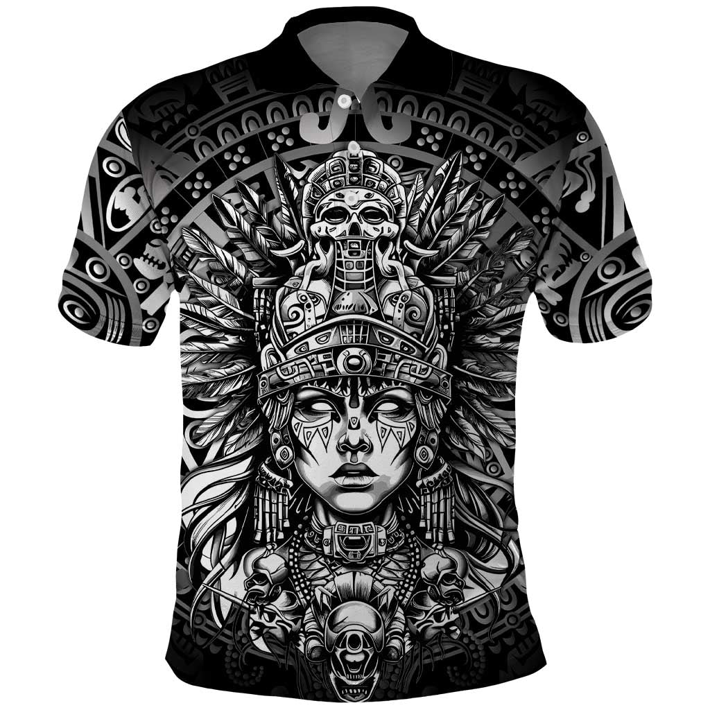Mexico Aztec Warrior Goddess Polo Shirt Aztec Skull Tribal Calender Silver Spirit - Wonder Print Shop