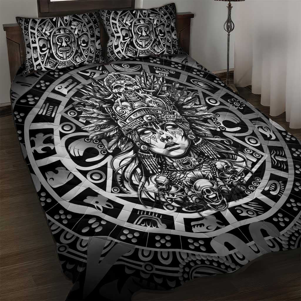 Mexico Aztec Warrior Goddess Quilt Bed Set Aztec Skull Tribal Calender Silver Spirit - Wonder Print Shop