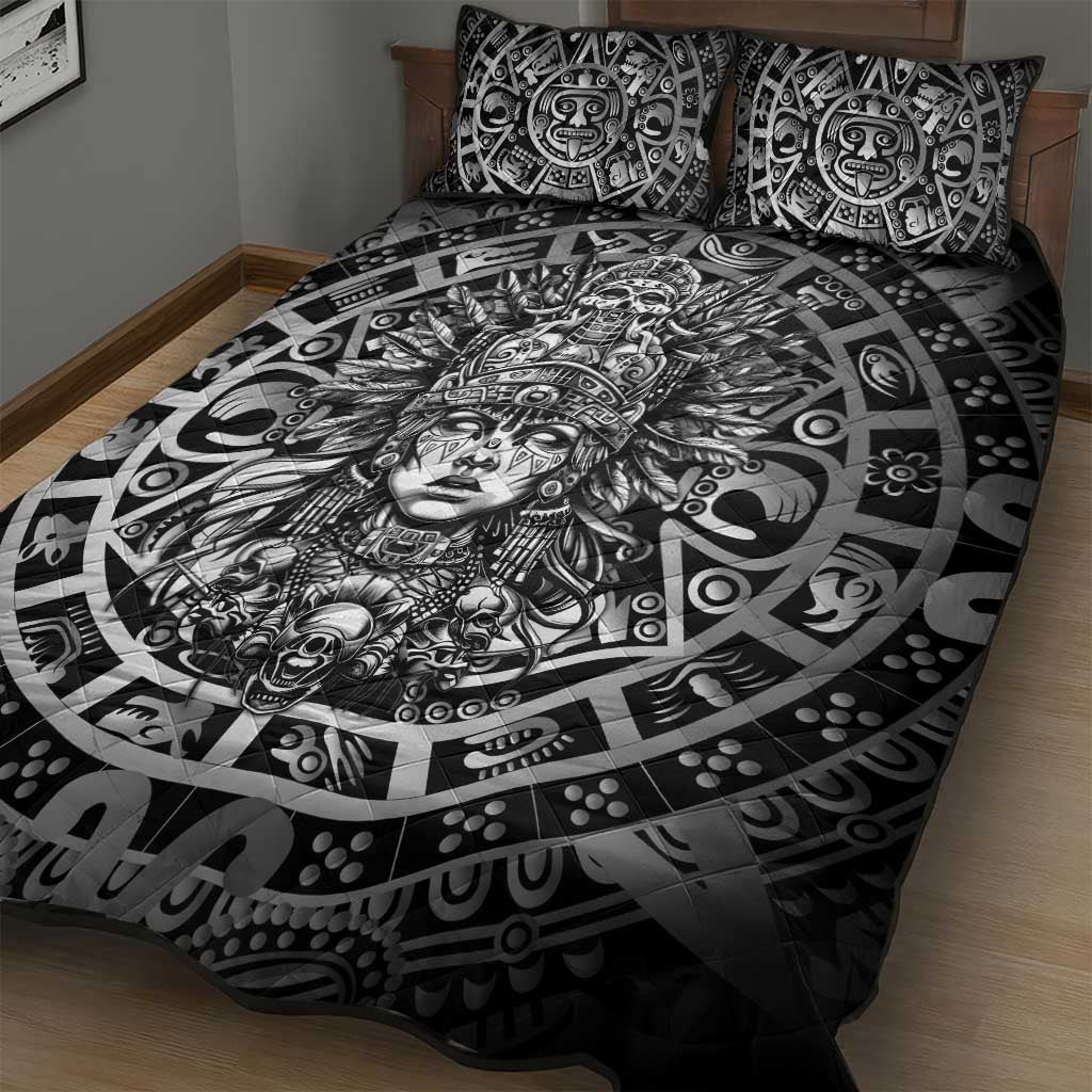 Mexico Aztec Warrior Goddess Quilt Bed Set Aztec Skull Tribal Calender Silver Spirit - Wonder Print Shop