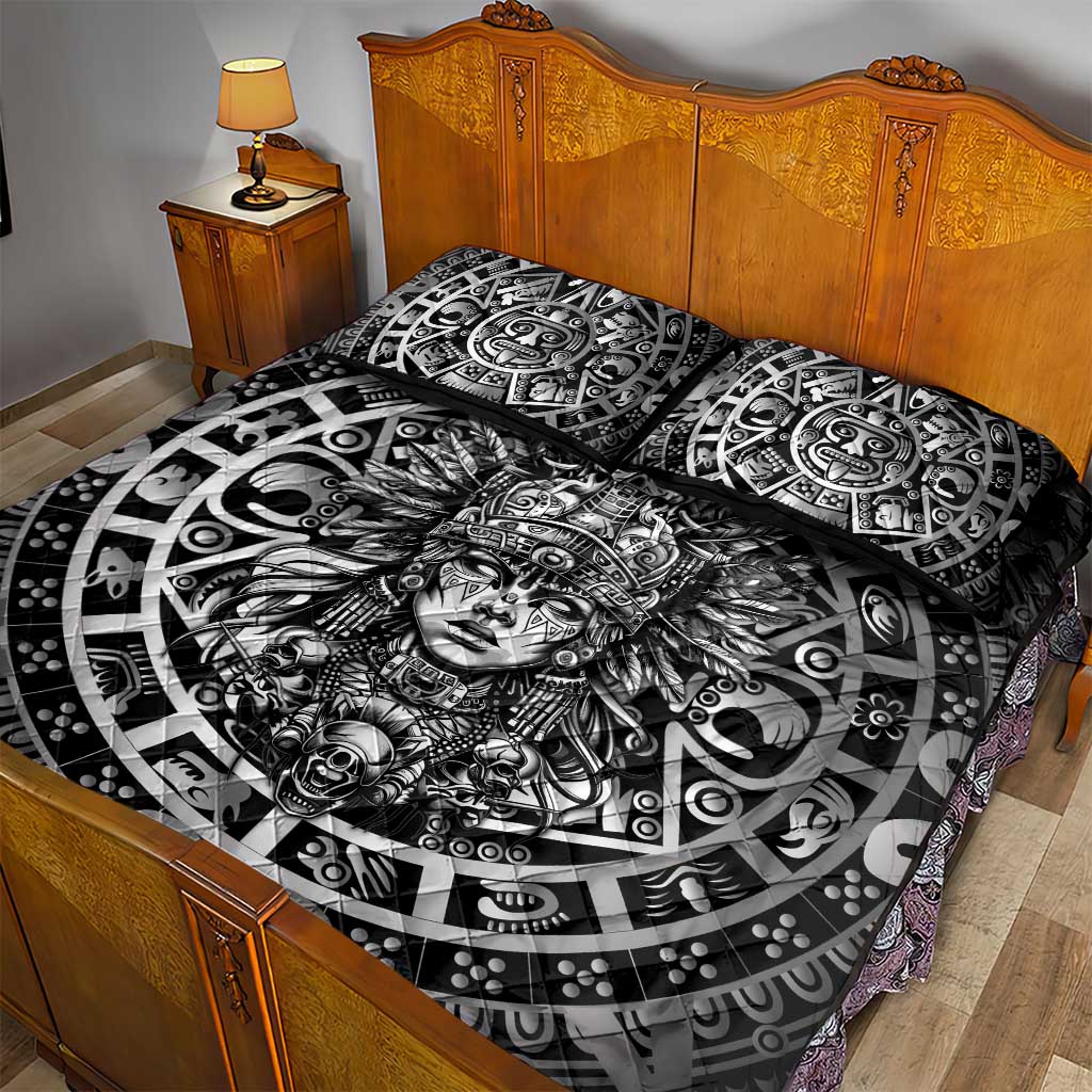 Mexico Aztec Warrior Goddess Quilt Bed Set Aztec Skull Tribal Calender Silver Spirit - Wonder Print Shop