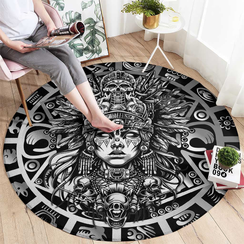 Mexico Aztec Warrior Goddess Round Carpet Aztec Skull Tribal Calender Silver Spirit - Wonder Print Shop