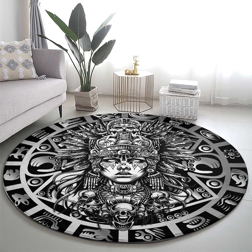 Mexico Aztec Warrior Goddess Round Carpet Aztec Skull Tribal Calender Silver Spirit - Wonder Print Shop