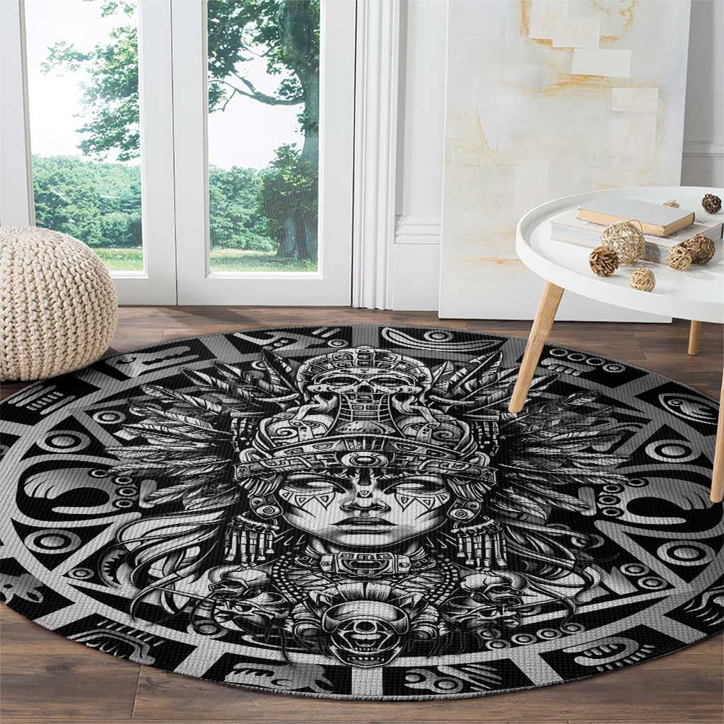 Mexico Aztec Warrior Goddess Round Carpet Aztec Skull Tribal Calender Silver Spirit - Wonder Print Shop