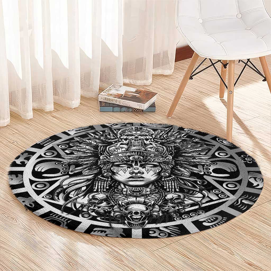 Mexico Aztec Warrior Goddess Round Carpet Aztec Skull Tribal Calender Silver Spirit - Wonder Print Shop
