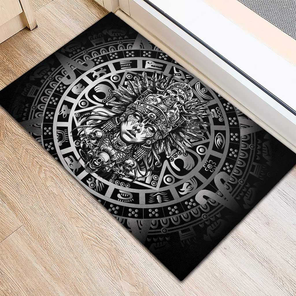 Mexico Aztec Warrior Goddess Rubber Doormat Aztec Skull Tribal Calender Silver Spirit - Wonder Print Shop