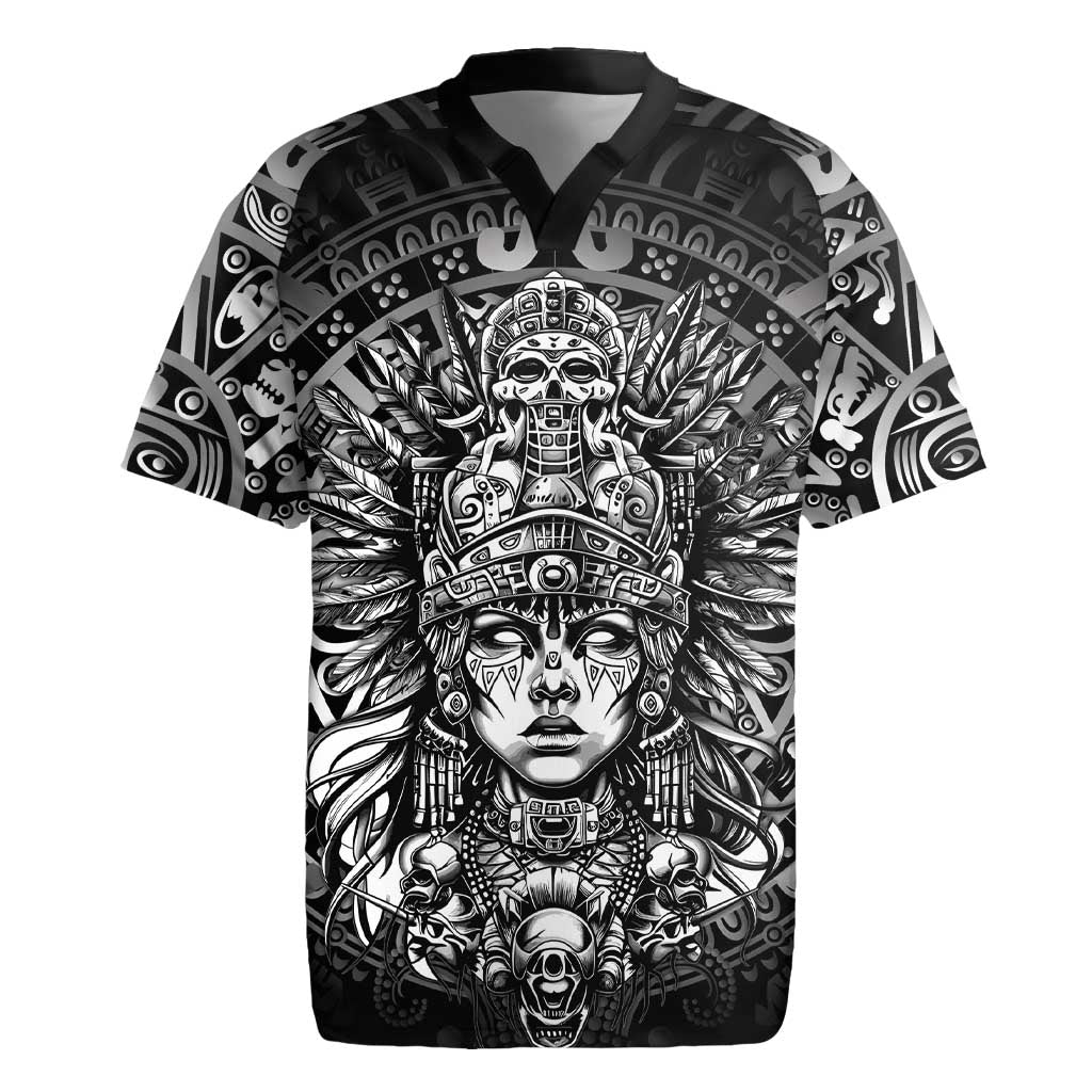 Mexico Aztec Warrior Goddess Rugby Jersey Aztec Skull Tribal Calender Silver Spirit - Wonder Print Shop