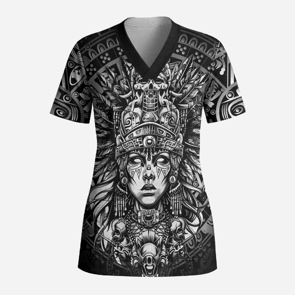 Mexico Aztec Warrior Goddess Scrub Top Aztec Skull Tribal Calender Silver Spirit - Wonder Print Shop