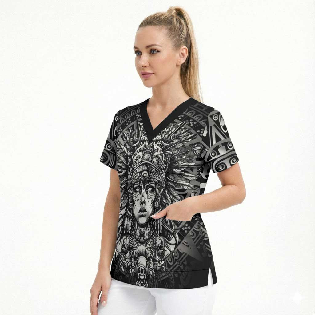 Mexico Aztec Warrior Goddess Scrub Top Aztec Skull Tribal Calender Silver Spirit - Wonder Print Shop