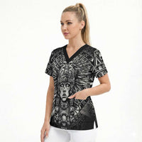 Mexico Aztec Warrior Goddess Scrub Top Aztec Skull Tribal Calender Silver Spirit - Wonder Print Shop