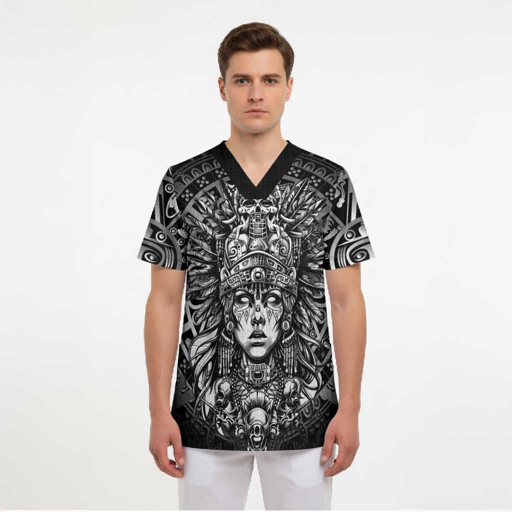 Mexico Aztec Warrior Goddess Scrub Top Aztec Skull Tribal Calender Silver Spirit - Wonder Print Shop