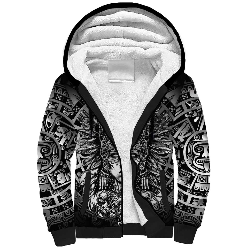 Mexico Aztec Warrior Goddess Sherpa Hoodie Aztec Skull Tribal Calender Silver Spirit - Wonder Print Shop