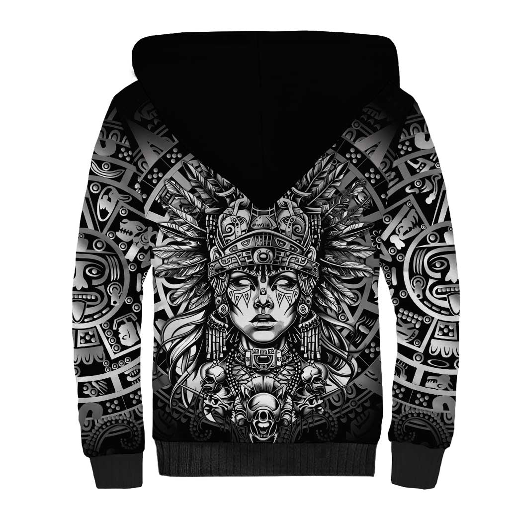 Mexico Aztec Warrior Goddess Sherpa Hoodie Aztec Skull Tribal Calender Silver Spirit - Wonder Print Shop