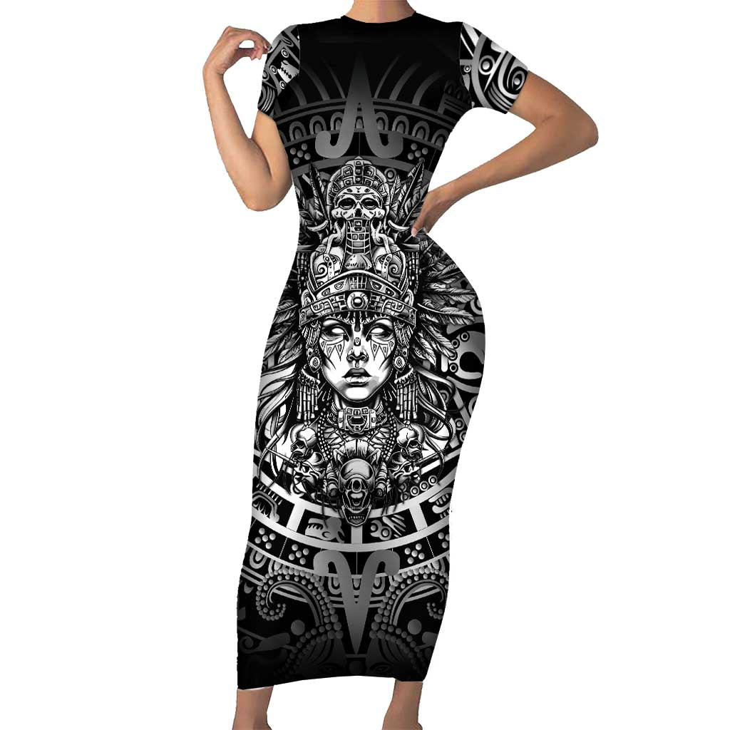 Mexico Aztec Warrior Goddess Short Sleeve Bodycon Dress Aztec Skull Tribal Calender Silver Spirit - Wonder Print Shop