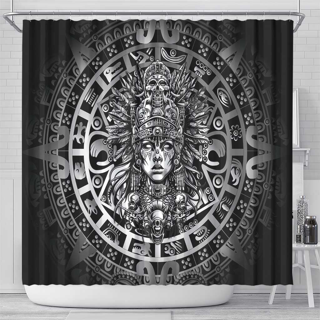 Mexico Aztec Warrior Goddess Shower Curtain Aztec Skull Tribal Calender Silver Spirit - Wonder Print Shop