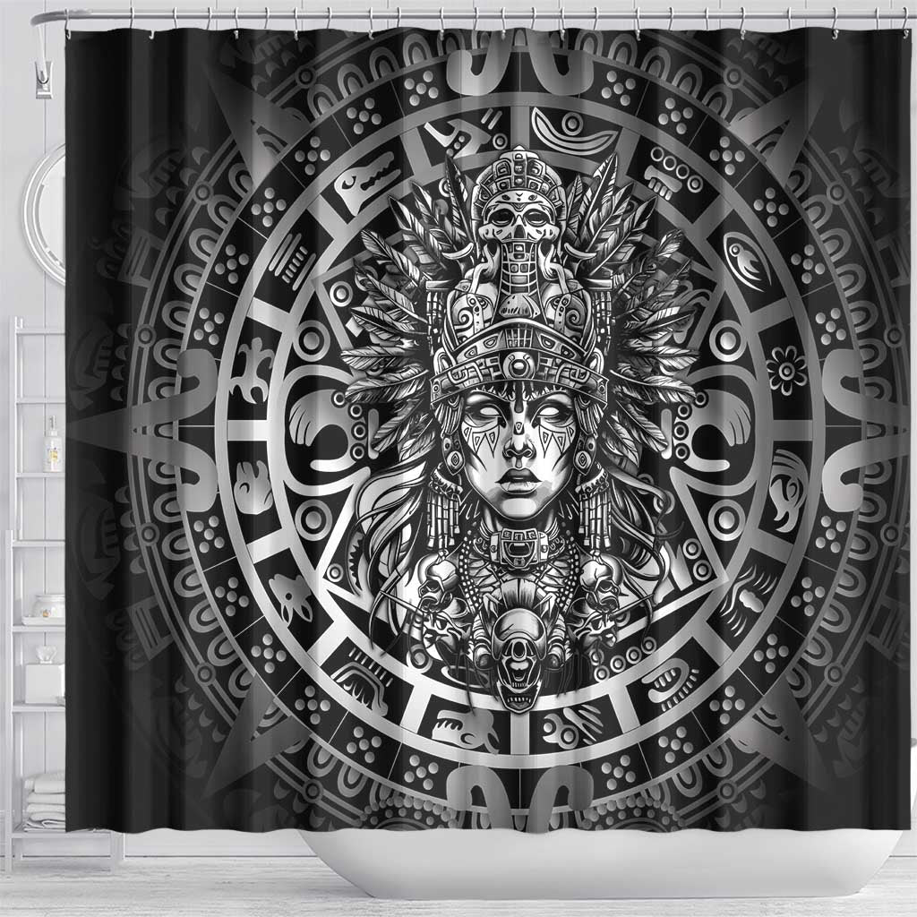 Mexico Aztec Warrior Goddess Shower Curtain Aztec Skull Tribal Calender Silver Spirit - Wonder Print Shop