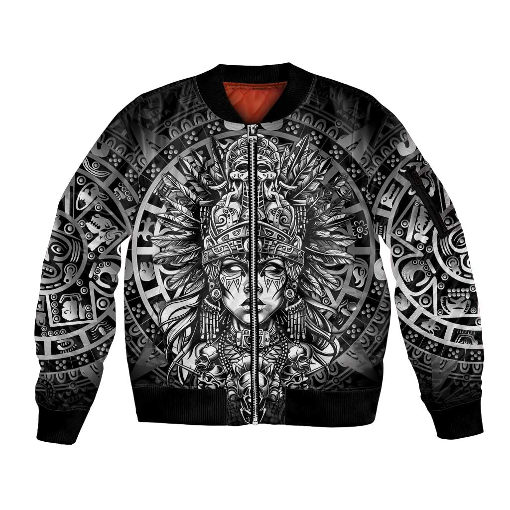 Mexico Aztec Warrior Goddess Sleeve Zip Bomber Jacket Aztec Skull Tribal Calender Silver Spirit - Wonder Print Shop