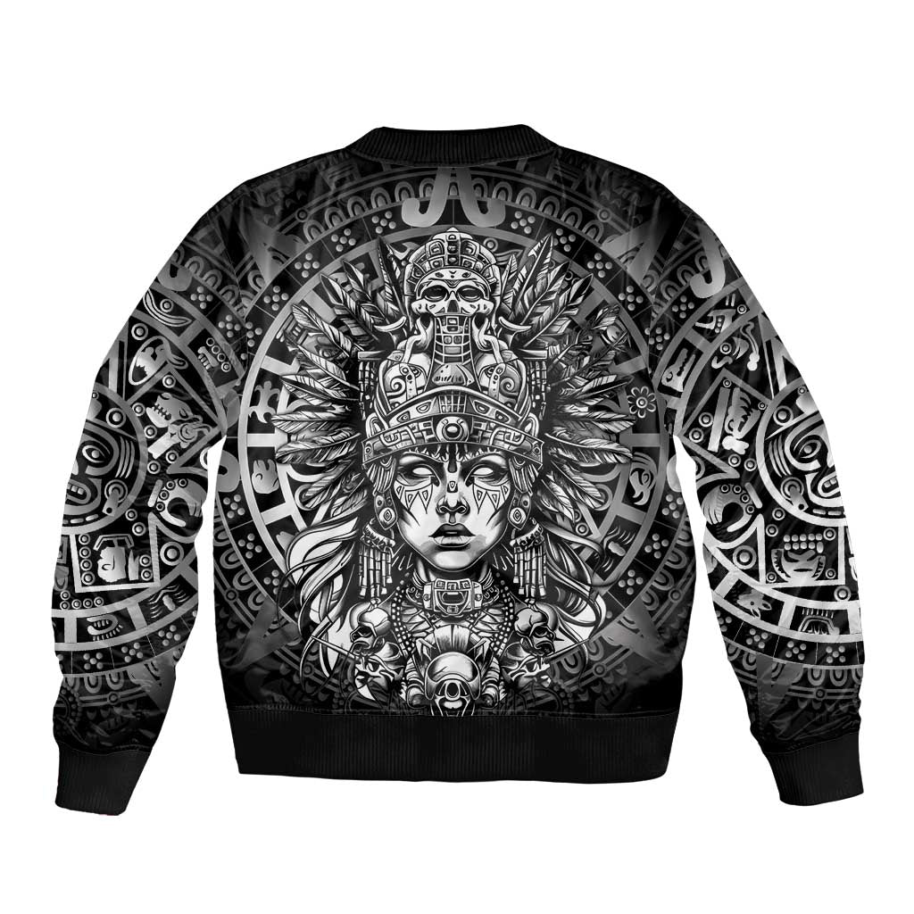 Mexico Aztec Warrior Goddess Sleeve Zip Bomber Jacket Aztec Skull Tribal Calender Silver Spirit - Wonder Print Shop