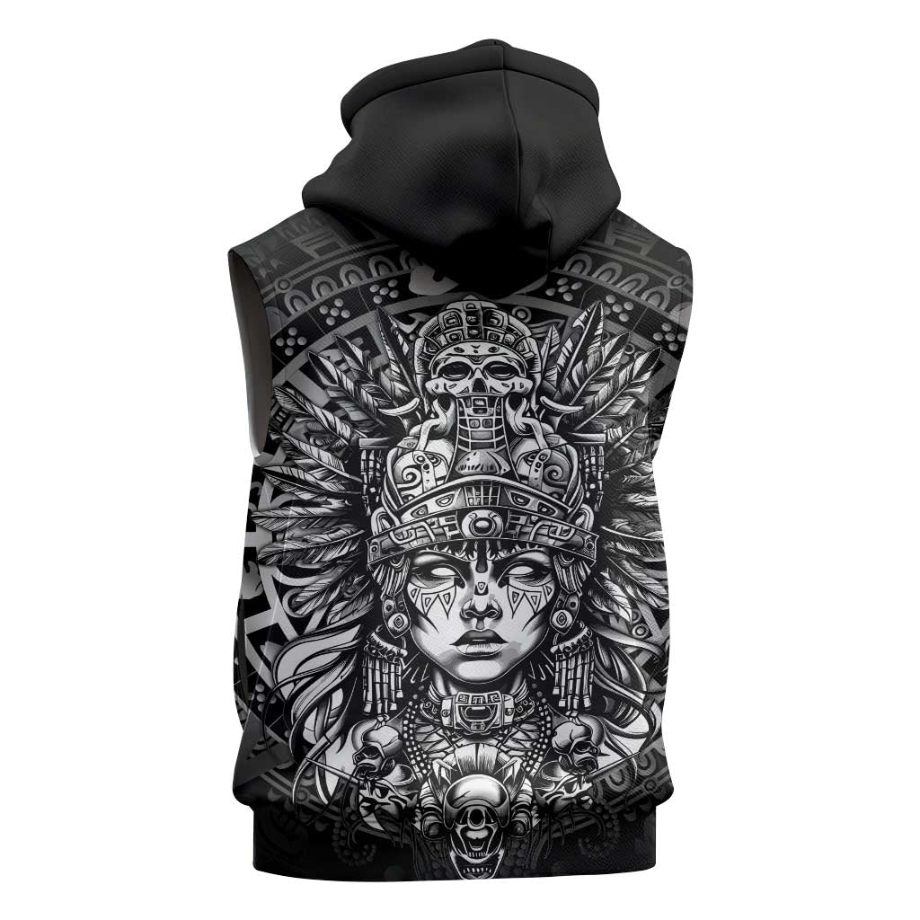 Mexico Aztec Warrior Goddess Sleeveless Hoodie Aztec Skull Tribal Calender Silver Spirit - Wonder Print Shop