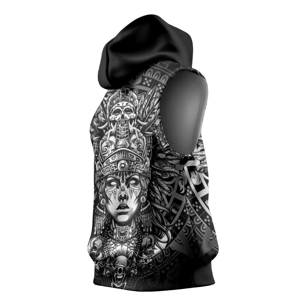 Mexico Aztec Warrior Goddess Sleeveless Hoodie Aztec Skull Tribal Calender Silver Spirit - Wonder Print Shop