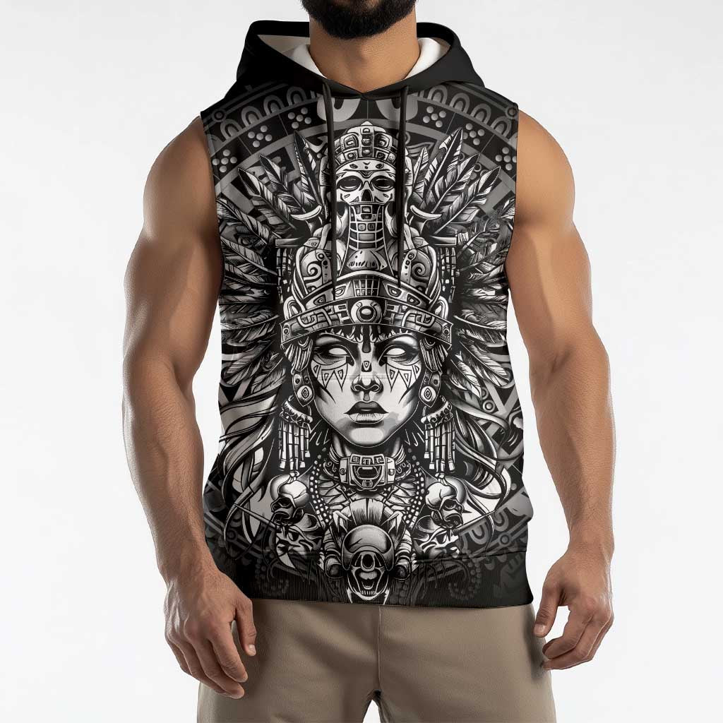 Mexico Aztec Warrior Goddess Sleeveless Hoodie Aztec Skull Tribal Calender Silver Spirit - Wonder Print Shop