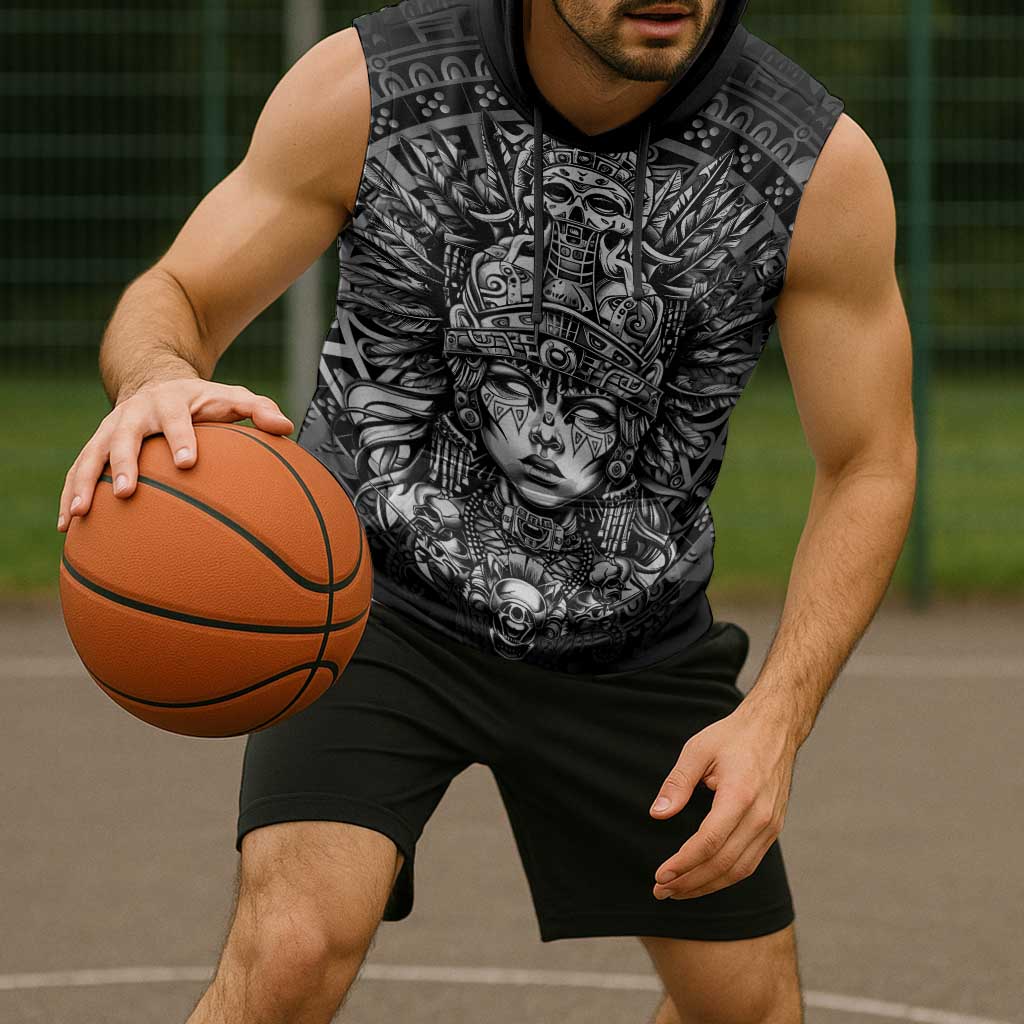 Mexico Aztec Warrior Goddess Sleeveless Hoodie Aztec Skull Tribal Calender Silver Spirit - Wonder Print Shop