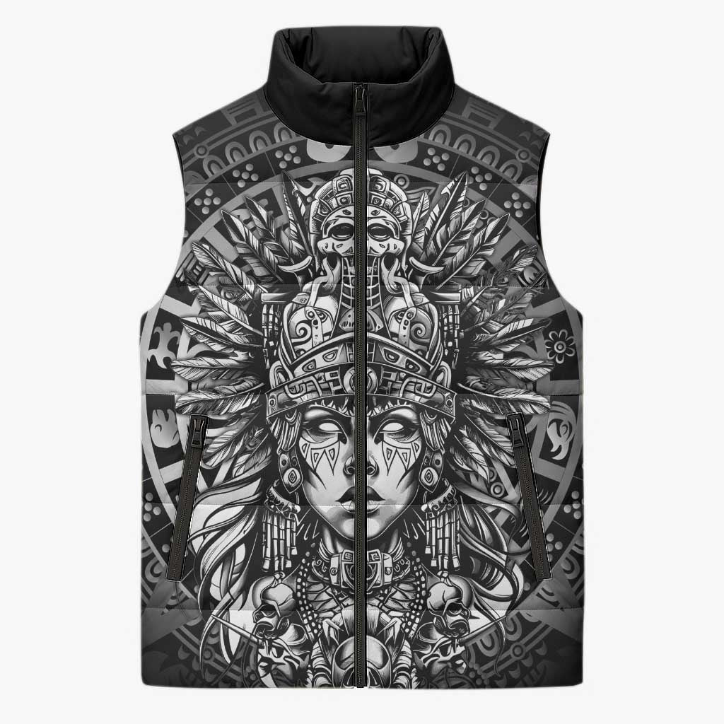 Mexico Aztec Warrior Goddess Sleeveless Puffer Jacket Aztec Skull Tribal Calender Silver Spirit - Wonder Print Shop
