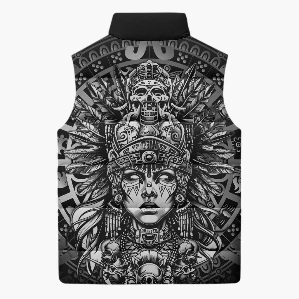 Mexico Aztec Warrior Goddess Sleeveless Puffer Jacket Aztec Skull Tribal Calender Silver Spirit - Wonder Print Shop