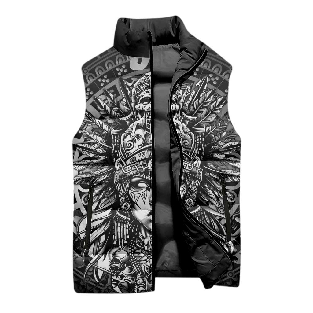 Mexico Aztec Warrior Goddess Sleeveless Puffer Jacket Aztec Skull Tribal Calender Silver Spirit - Wonder Print Shop