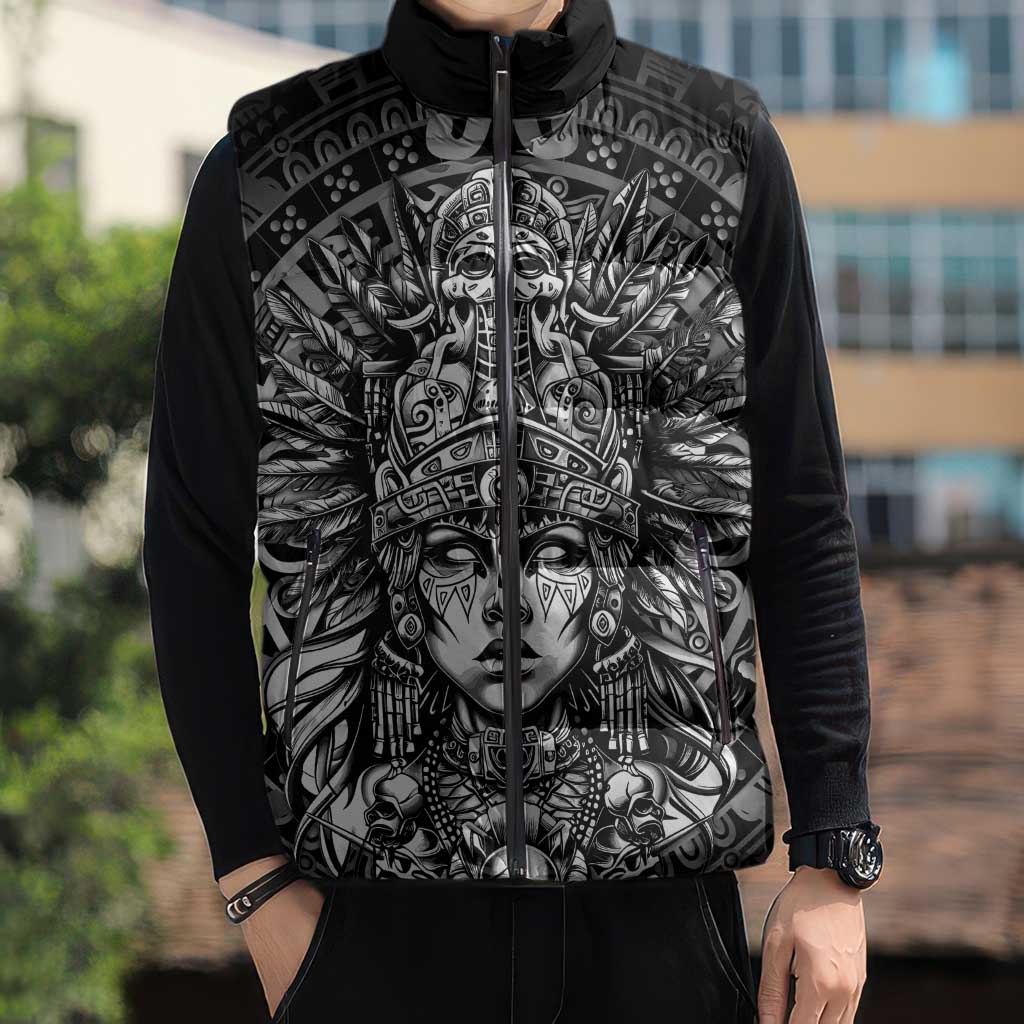 Mexico Aztec Warrior Goddess Sleeveless Puffer Jacket Aztec Skull Tribal Calender Silver Spirit - Wonder Print Shop