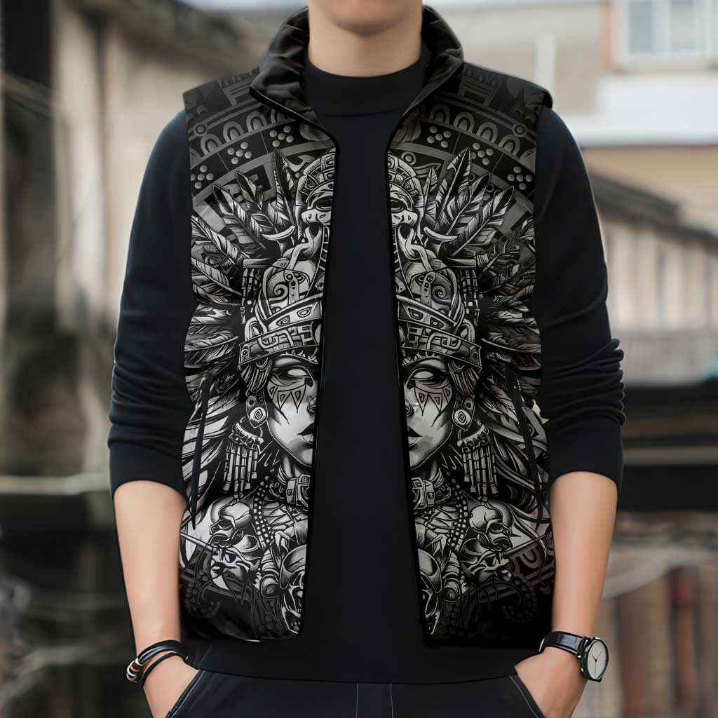 Mexico Aztec Warrior Goddess Sleeveless Puffer Jacket Aztec Skull Tribal Calender Silver Spirit - Wonder Print Shop