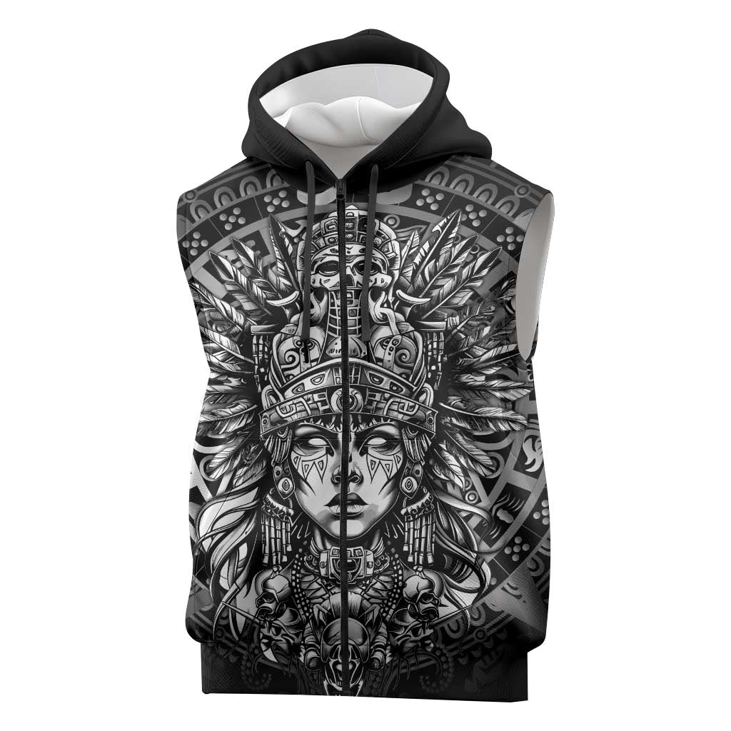 Mexico Aztec Warrior Goddess Sleeveless Zip Hoodie Aztec Skull Tribal Calender Silver Spirit - Wonder Print Shop