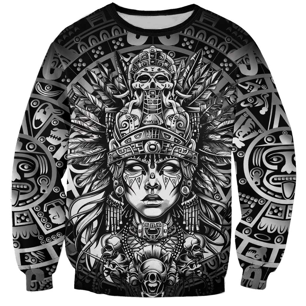 Mexico Aztec Warrior Goddess Sweatshirt Aztec Skull Tribal Calender Silver Spirit - Wonder Print Shop