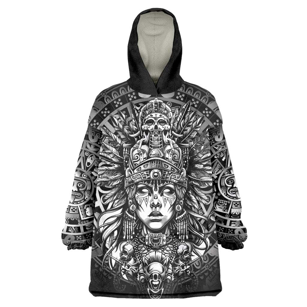 Mexico Aztec Warrior Goddess Wearable Blanket Hoodie Aztec Skull Tribal Calender Silver Spirit - Wonder Print Shop