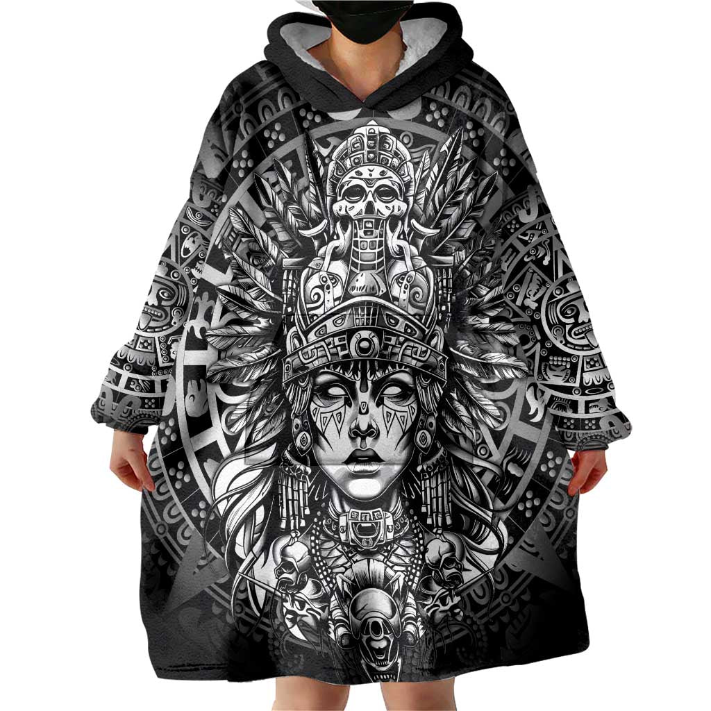 Mexico Aztec Warrior Goddess Wearable Blanket Hoodie Aztec Skull Tribal Calender Silver Spirit - Wonder Print Shop