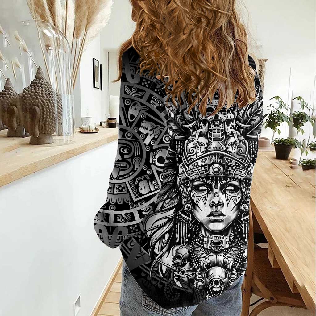 Mexico Aztec Warrior Goddess Women Casual Shirt Aztec Skull Tribal Calender Silver Spirit - Wonder Print Shop