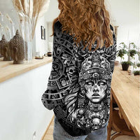 Mexico Aztec Warrior Goddess Women Casual Shirt Aztec Skull Tribal Calender Silver Spirit - Wonder Print Shop