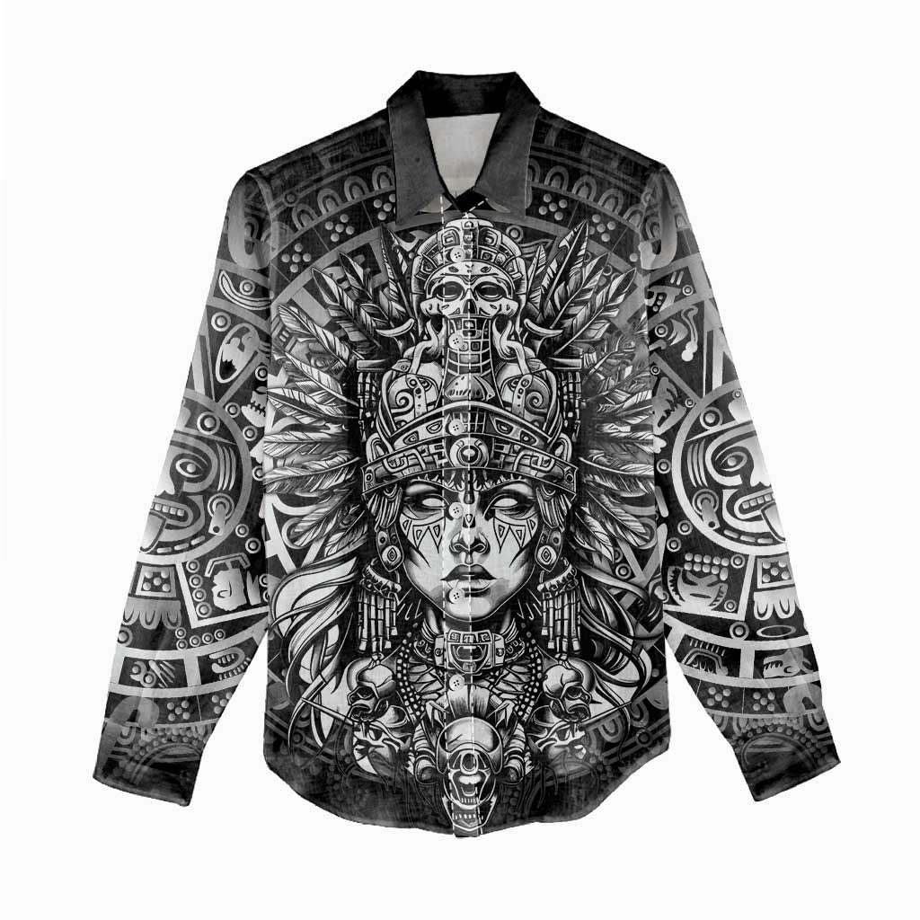 Mexico Aztec Warrior Goddess Women Casual Shirt Aztec Skull Tribal Calender Silver Spirit - Wonder Print Shop