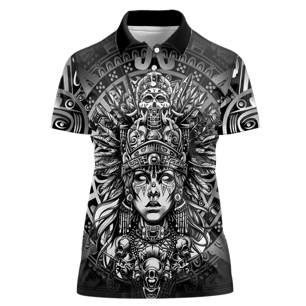 Mexico Aztec Warrior Goddess Women Polo Shirt Aztec Skull Tribal Calender Silver Spirit - Wonder Print Shop