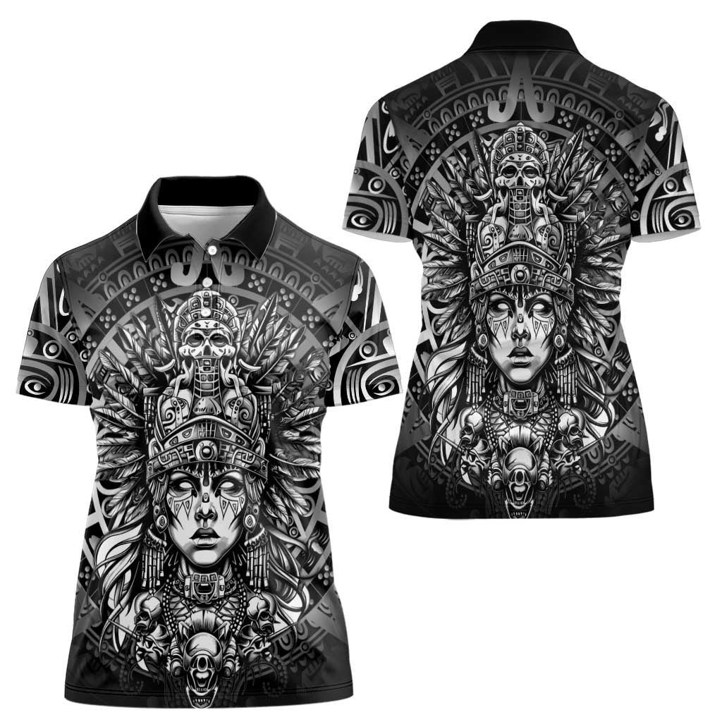 Mexico Aztec Warrior Goddess Women Polo Shirt Aztec Skull Tribal Calender Silver Spirit - Wonder Print Shop