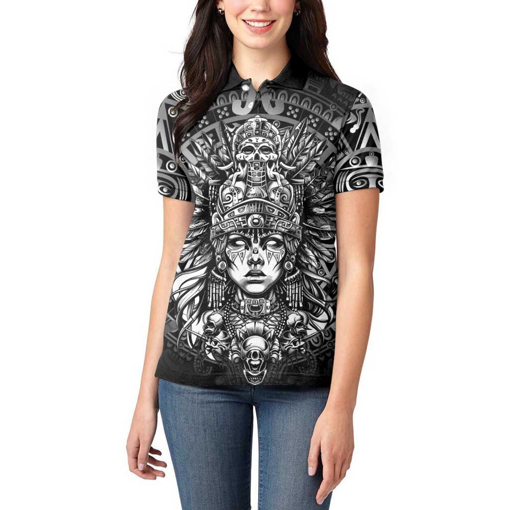 Mexico Aztec Warrior Goddess Women Polo Shirt Aztec Skull Tribal Calender Silver Spirit - Wonder Print Shop
