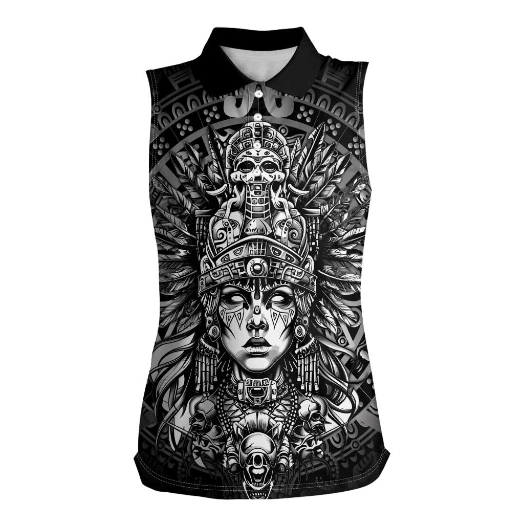 Mexico Aztec Warrior Goddess Women Sleeveless Polo Shirt Aztec Skull Tribal Calender Silver Spirit - Wonder Print Shop