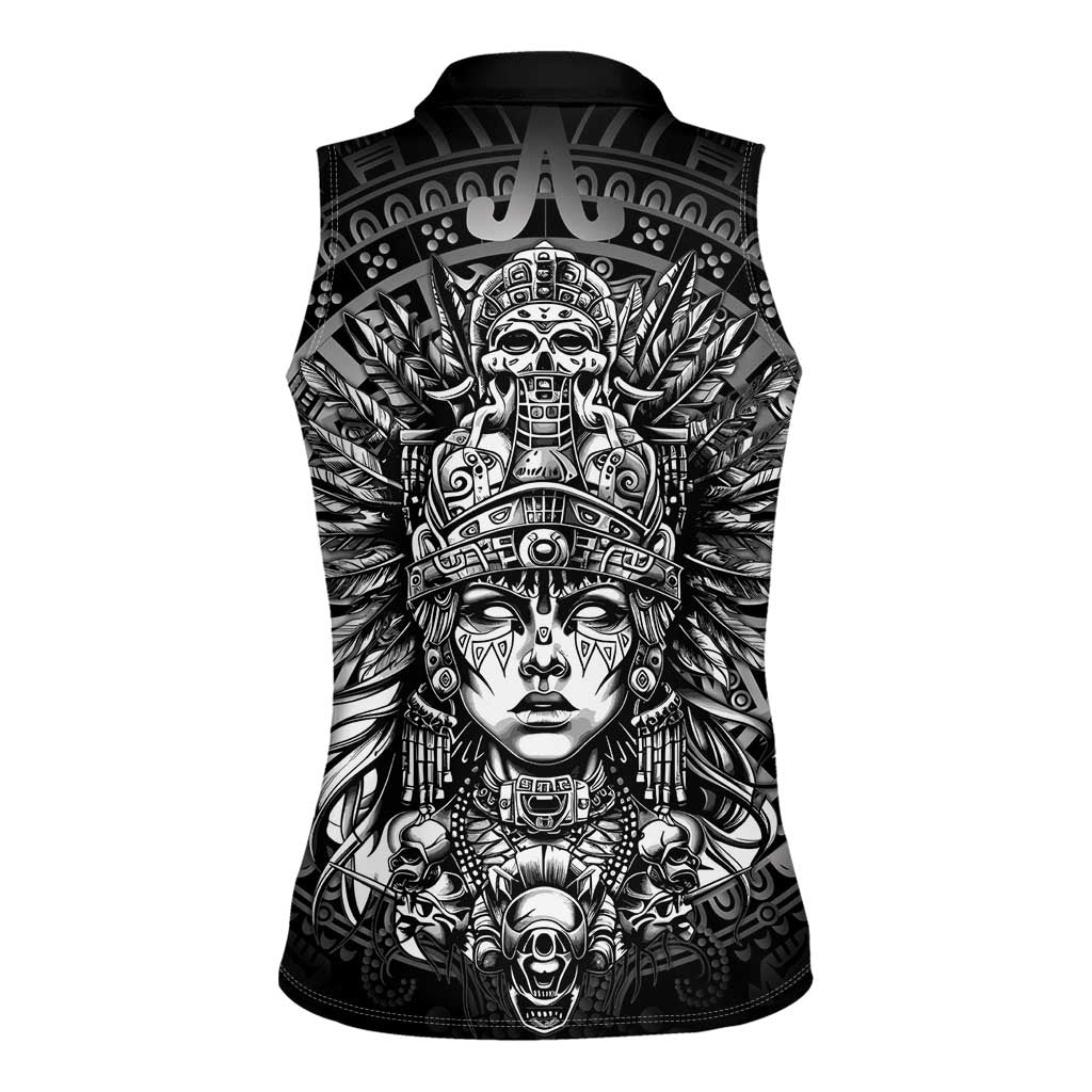 Mexico Aztec Warrior Goddess Women Sleeveless Polo Shirt Aztec Skull Tribal Calender Silver Spirit - Wonder Print Shop